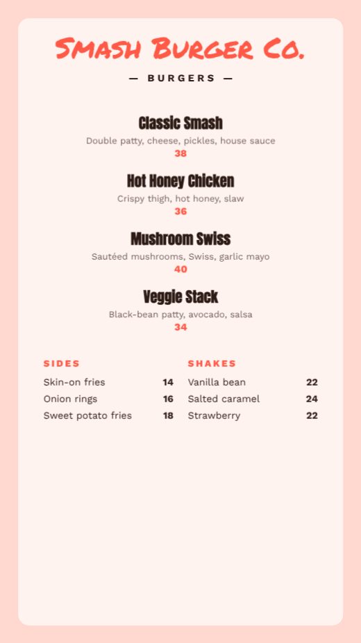 Smash Burger Co. Burgers Story Menu