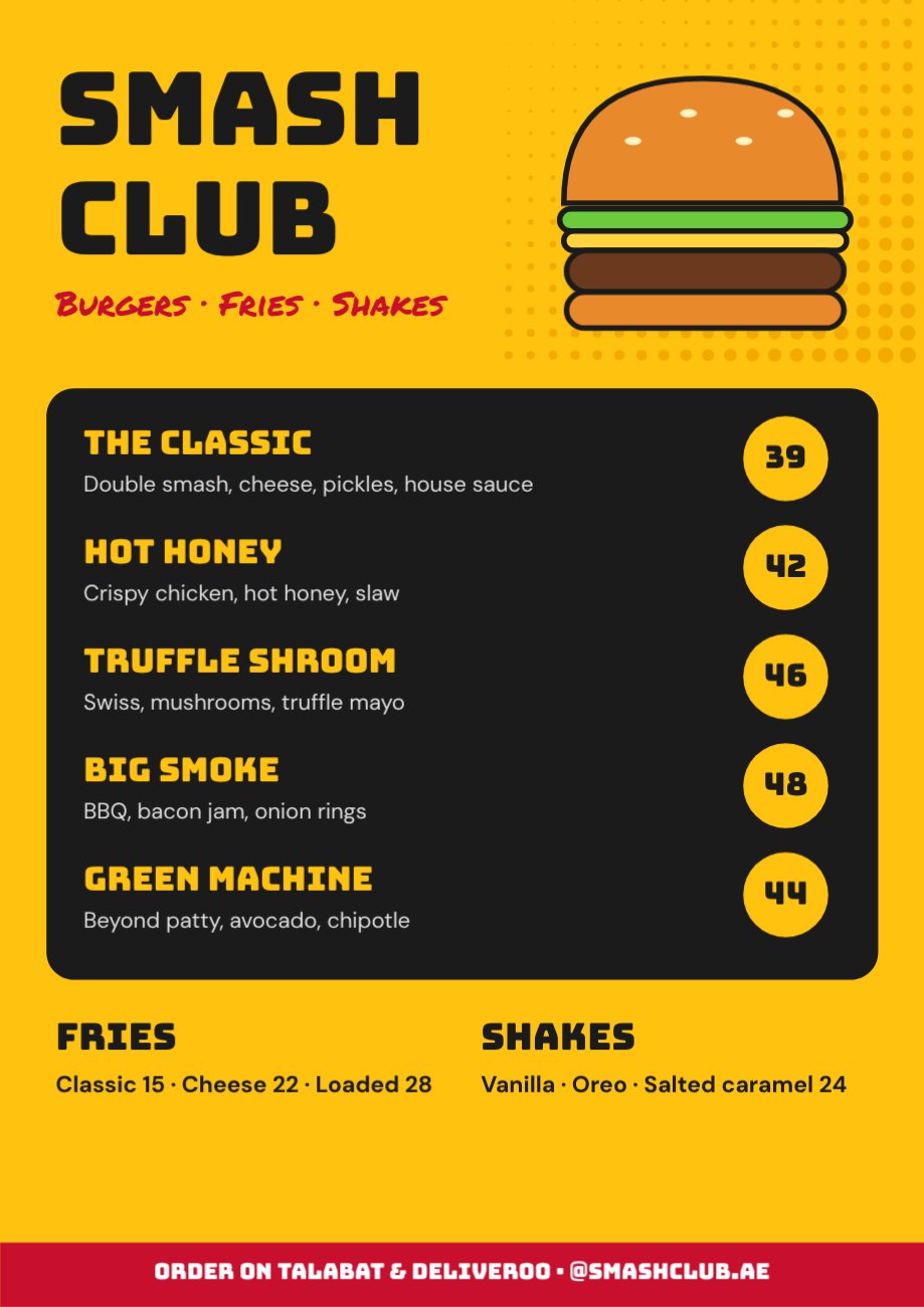 Smash Club Burger Menu — editable menus template