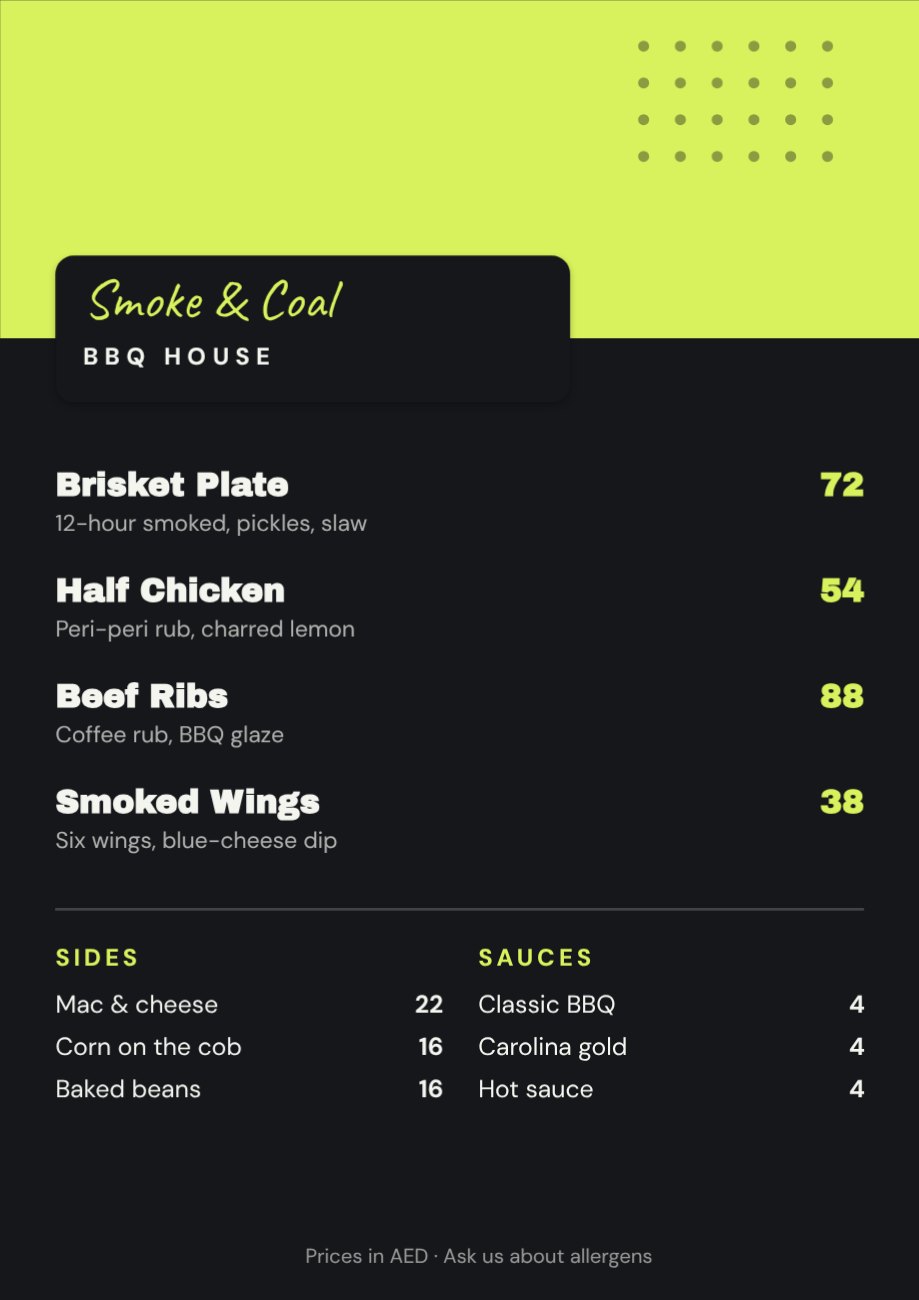 Smoke & Coal BBQ House Menu — editable menus template
