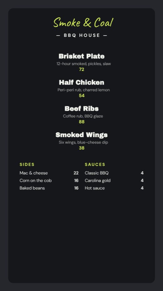 Smoke & Coal BBQ House Story Menu