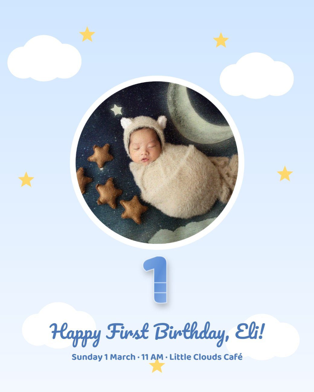 Soft Cloud Baby First Birthday Flyer — editable birthday template