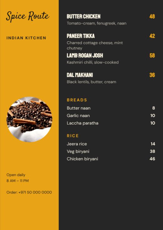 Spice Route Indian Kitchen Menu template
