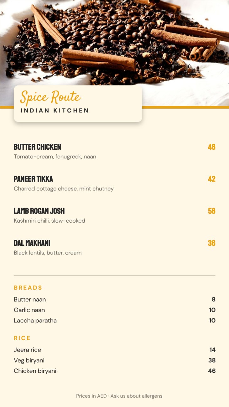 Spice Route Indian Kitchen Story Menu — editable menus template