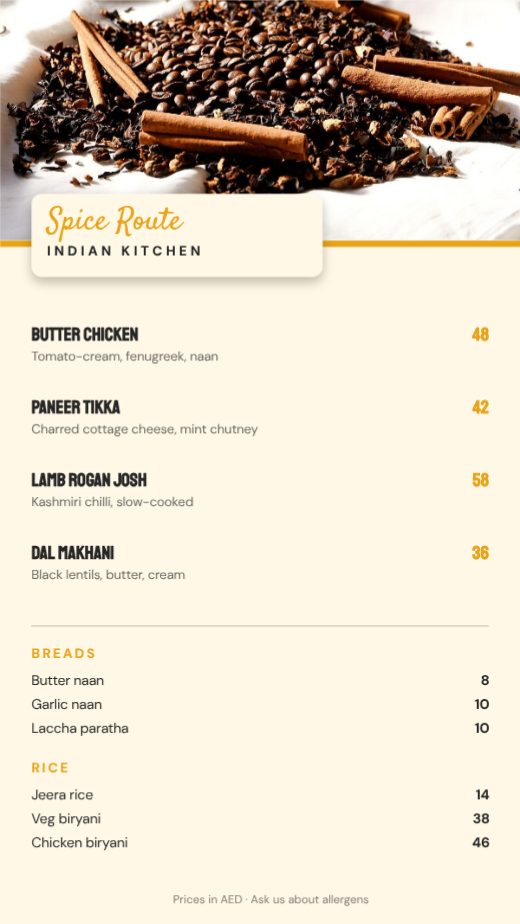 Spice Route Indian Kitchen Story Menu