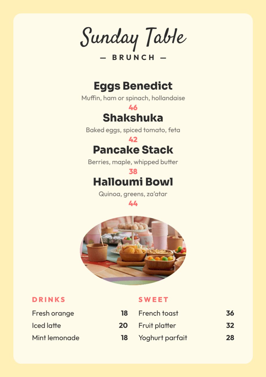 Sunday Table Brunch Menu — editable menus template
