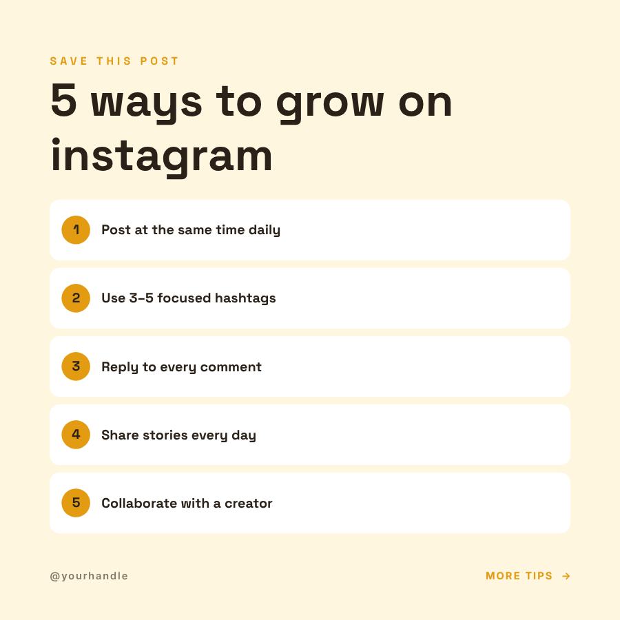 Sunny 5 ways to grow on instagram Tips Post — editable social media template