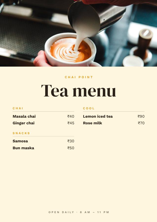 Sunny Chai Point Tea menu Card — editable menus template