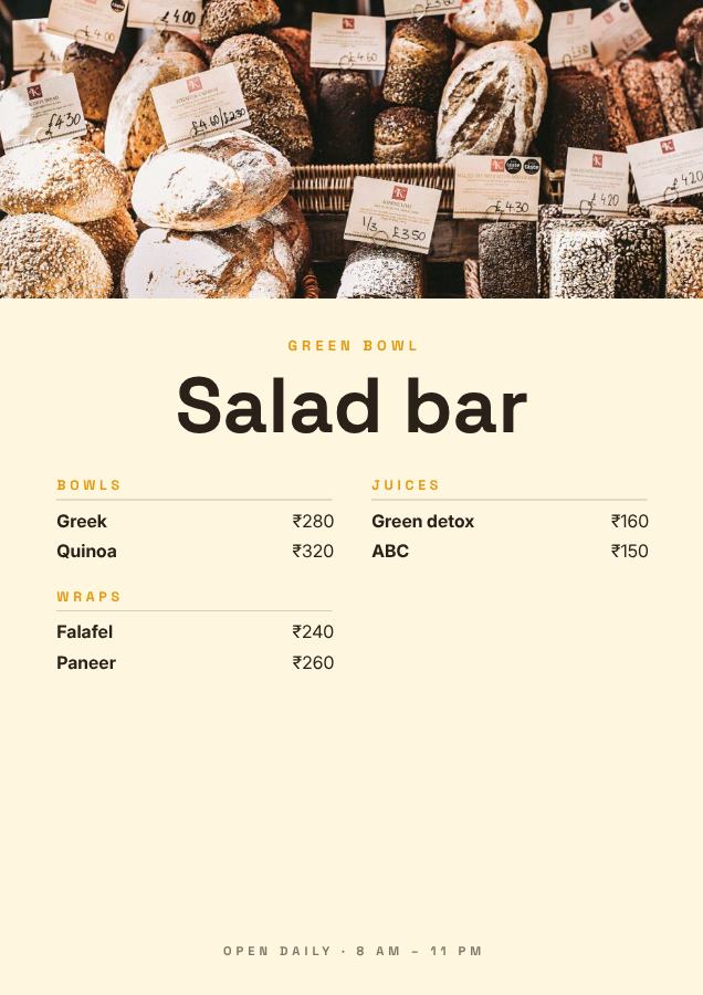 Sunny Green Bowl Salad bar — editable menus template