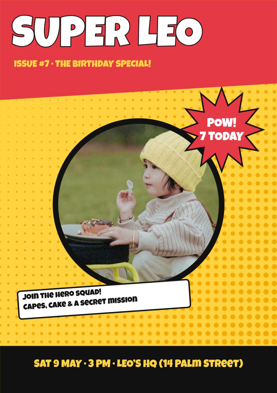 Superhero Comic Birthday Magazine — editable birthday template