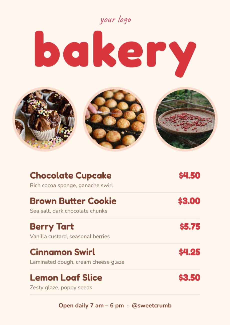 Sweet Bakery Photo Menu — editable menus template