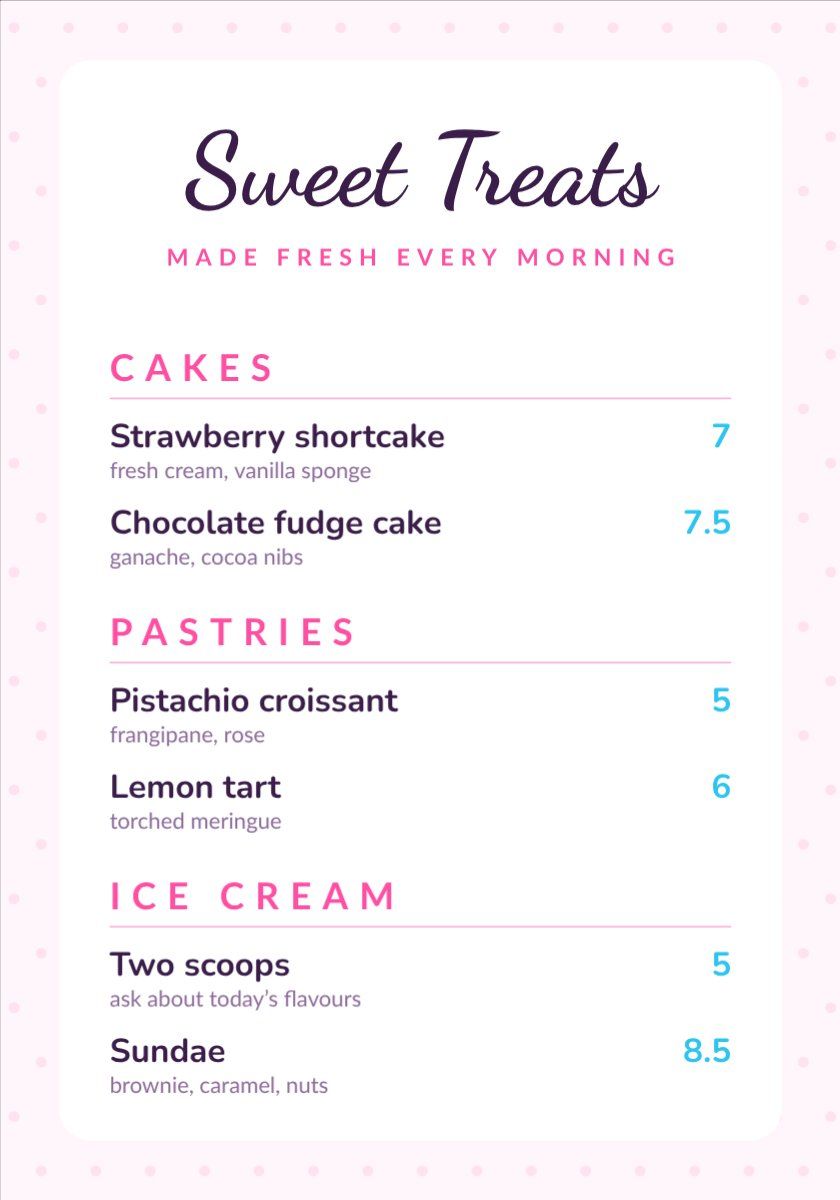 Sweet Dessert Menu — editable menus template