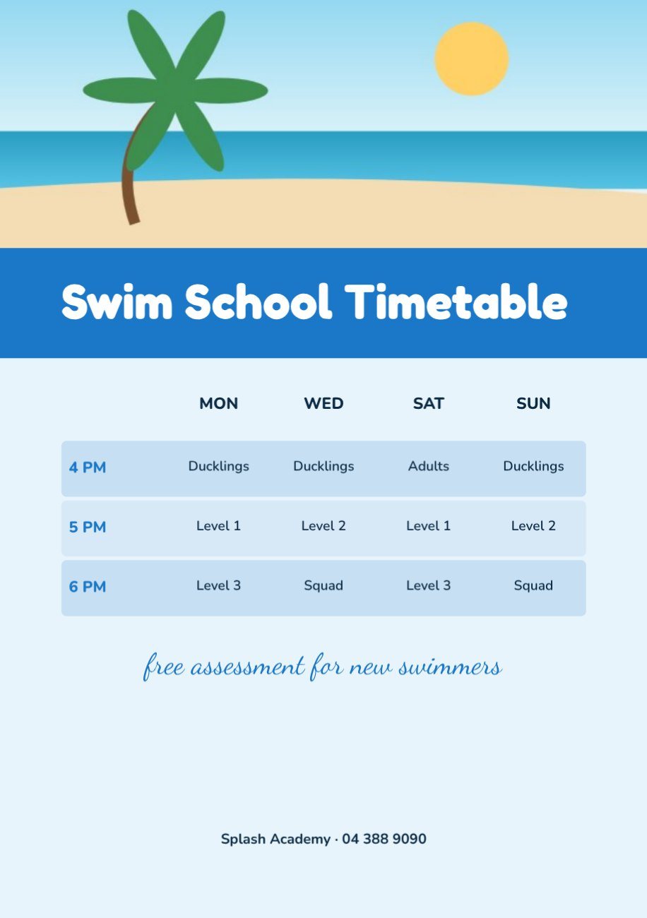 Swim School Timetable A5 Flyer — editable marketing template