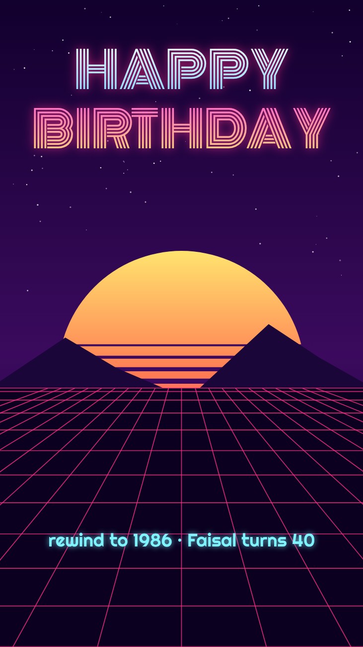 Synthwave 80s 40th Story — editable birthday template
