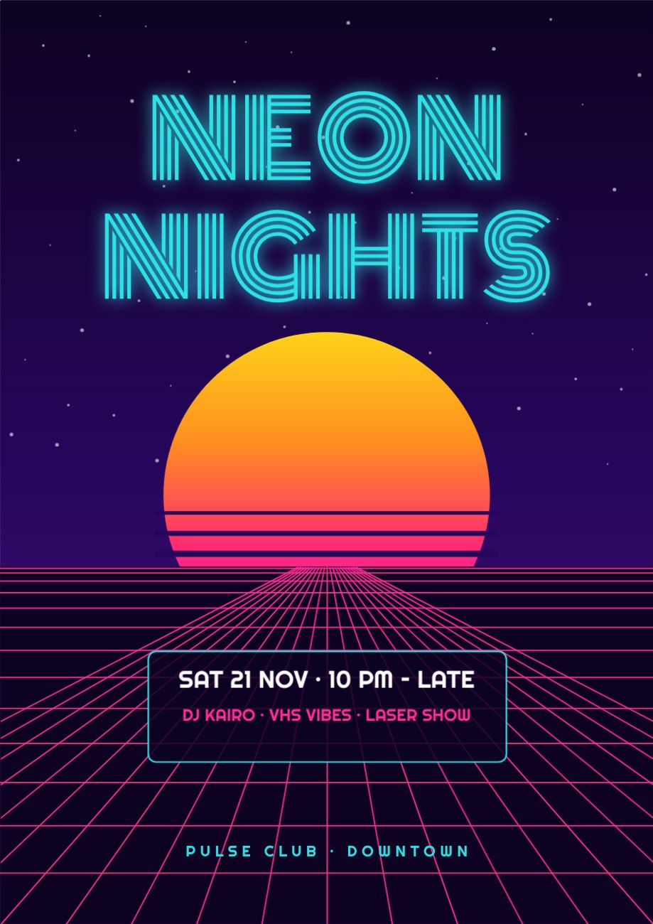 Synthwave Night Party Poster — editable events template