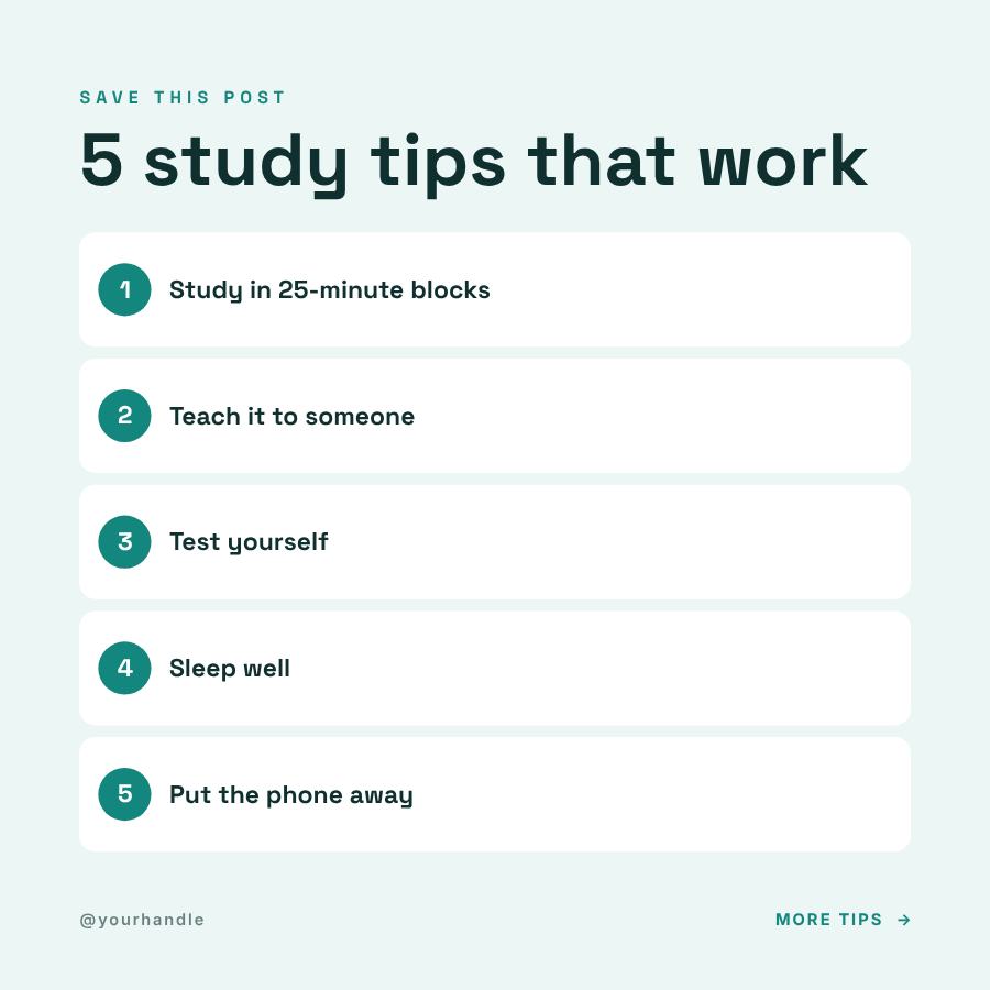 Teal 5 study tips that work Tips Post — editable social media template