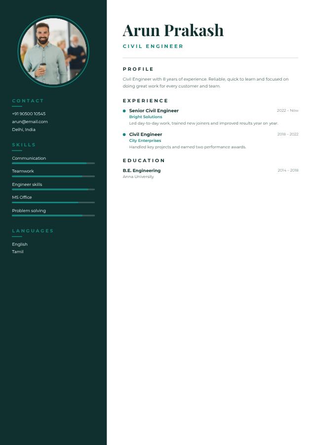 Teal Arun Prakash Civil Engineer Resume — editable resume template