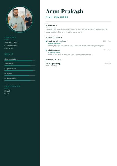 Teal Arun Prakash Civil Engineer Resume — free resume site template