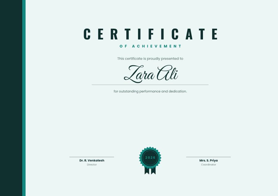 Teal Certificate Of Achievement Certificate Formal — editable certificates template