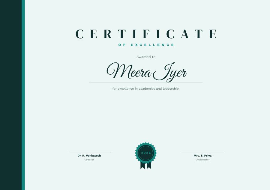 Teal Certificate Of Excellence Certificate Classic — editable certificates template