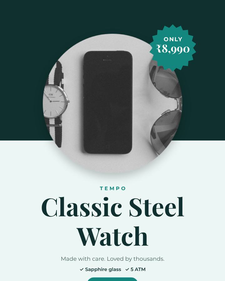 Teal Classic Steel Watch Product Ad — editable marketing template