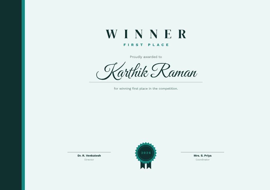 Teal First Place Winner Formal — editable certificates template