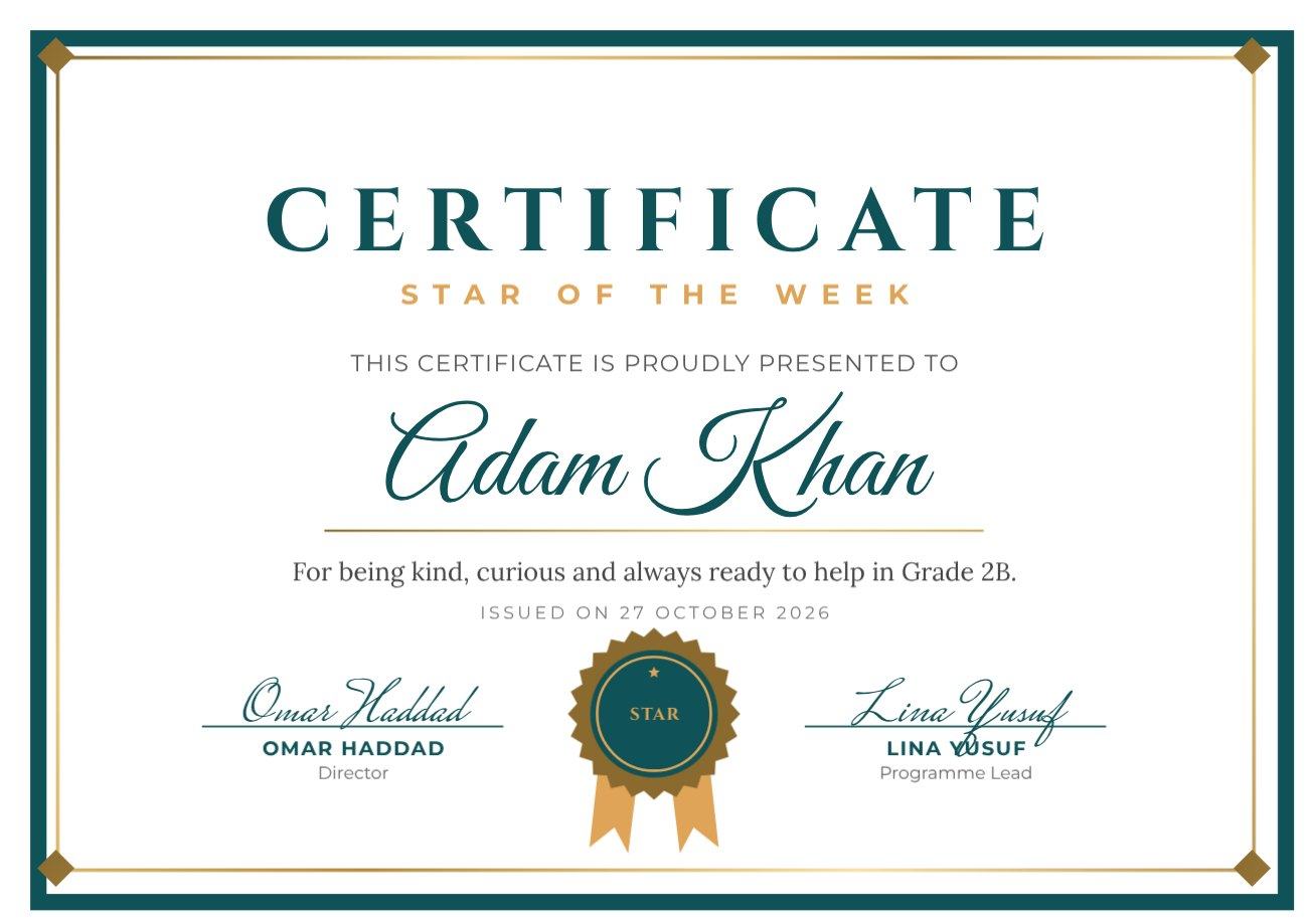 Teal Frame Kids Achievement Certificate — editable certificates template
