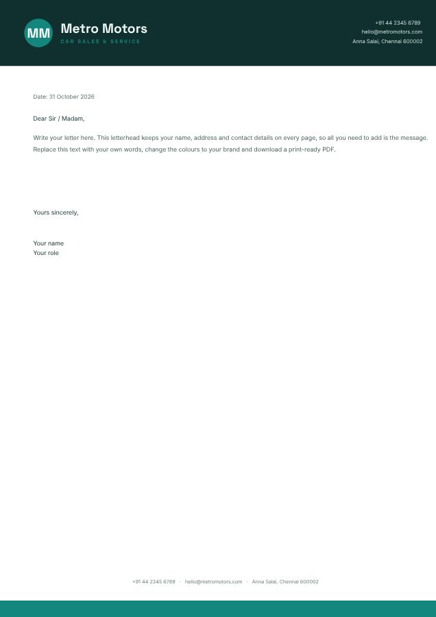 Teal Metro Motors Bold Letterhead — editable business template