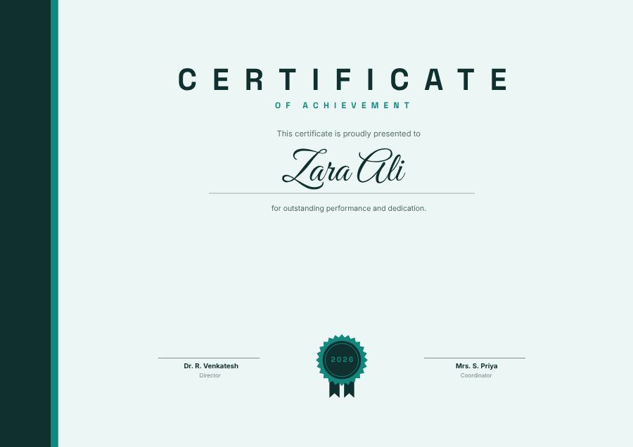 Teal Of Achievement Certificate Formal — editable certificates template