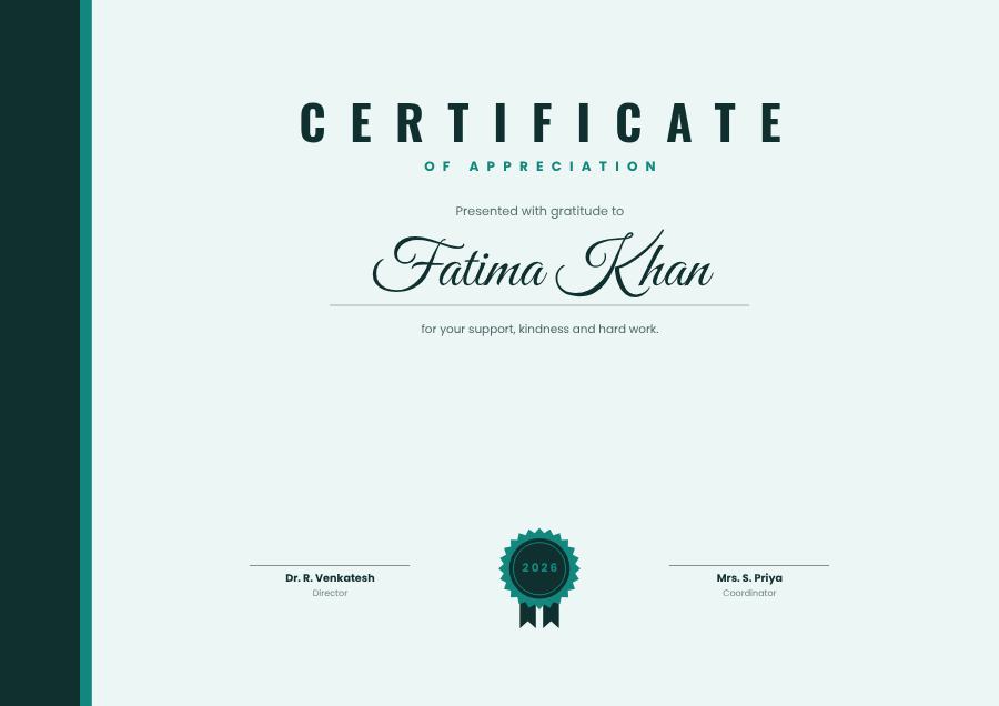 Teal Of Appreciation Certificate Modern — editable certificates template