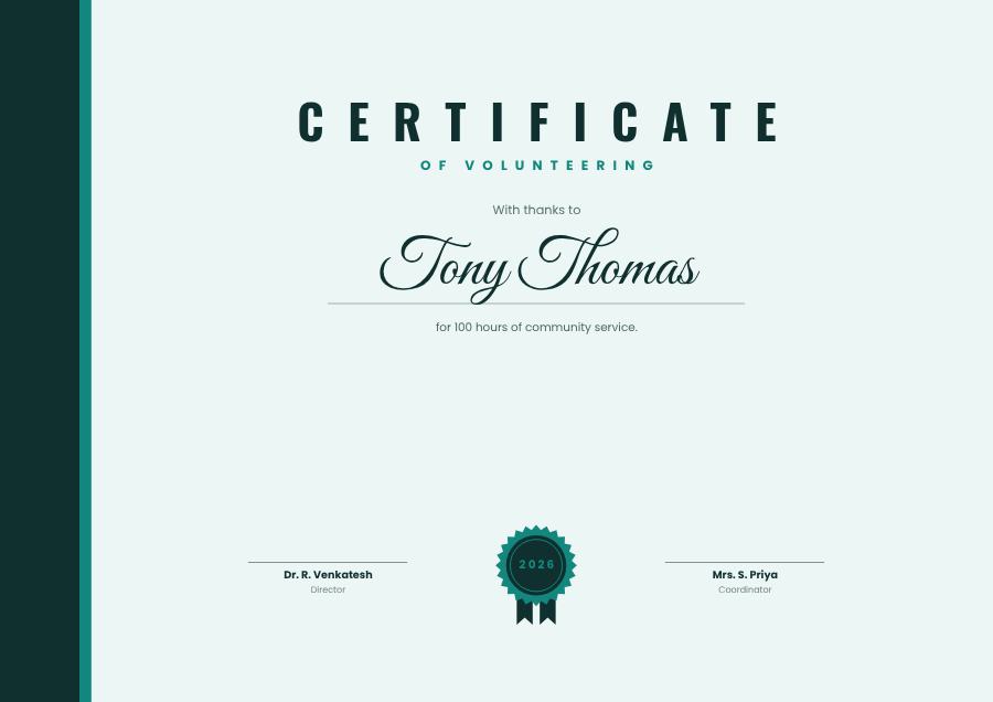 Teal Of Volunteering Certificate Classic — editable certificates template