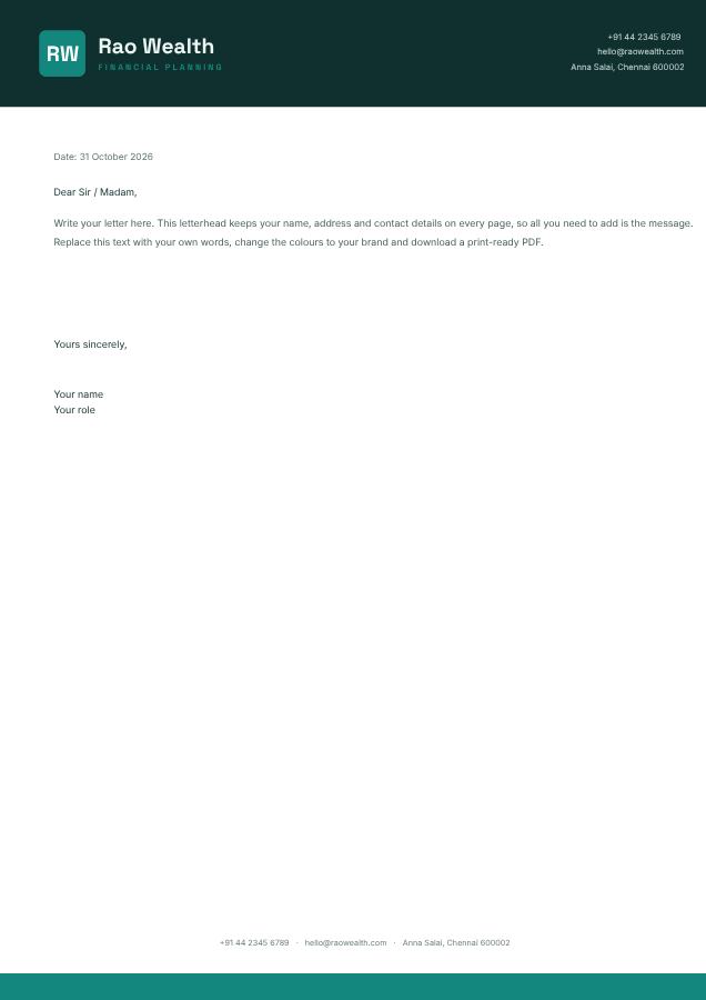 Teal Rao Wealth Bold Letterhead — editable business template