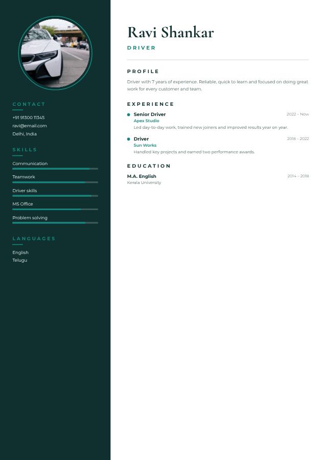 Teal Ravi Shankar Driver Resume — editable resume template