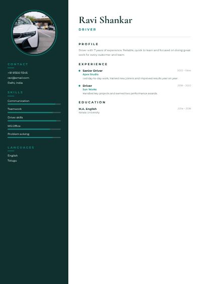 Teal Ravi Shankar Driver Resume — free resume site template
