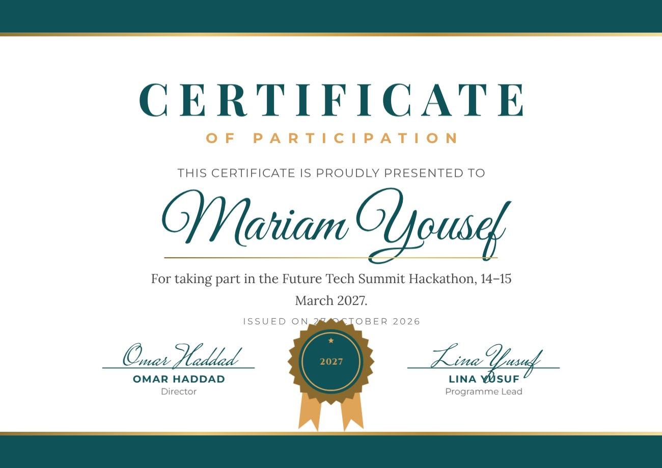 Teal Ribbon Certificate of Participation — editable certificates template