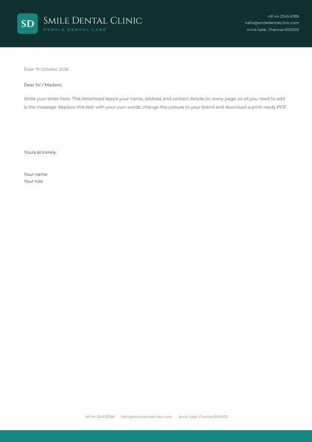 Teal Smile Dental Clinic Bold Letterhead — editable business template
