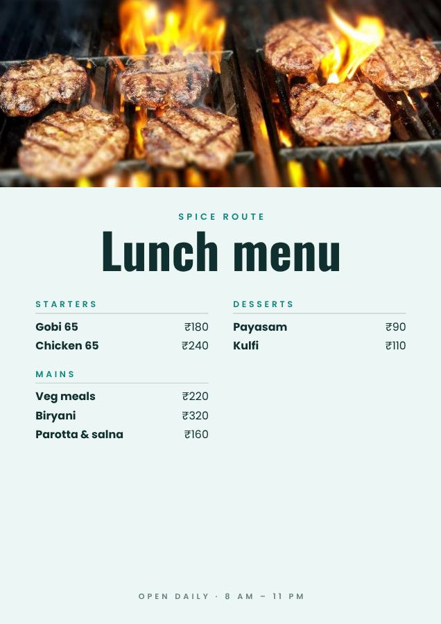 Teal Spice Route Lunch menu A4 — editable menus template