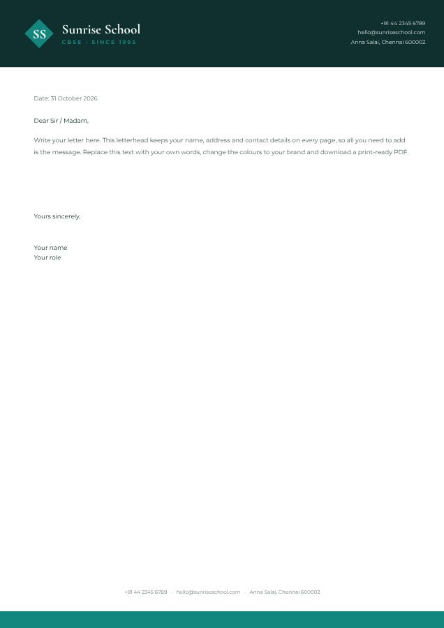 Teal Sunrise School Bold Letterhead — editable business template
