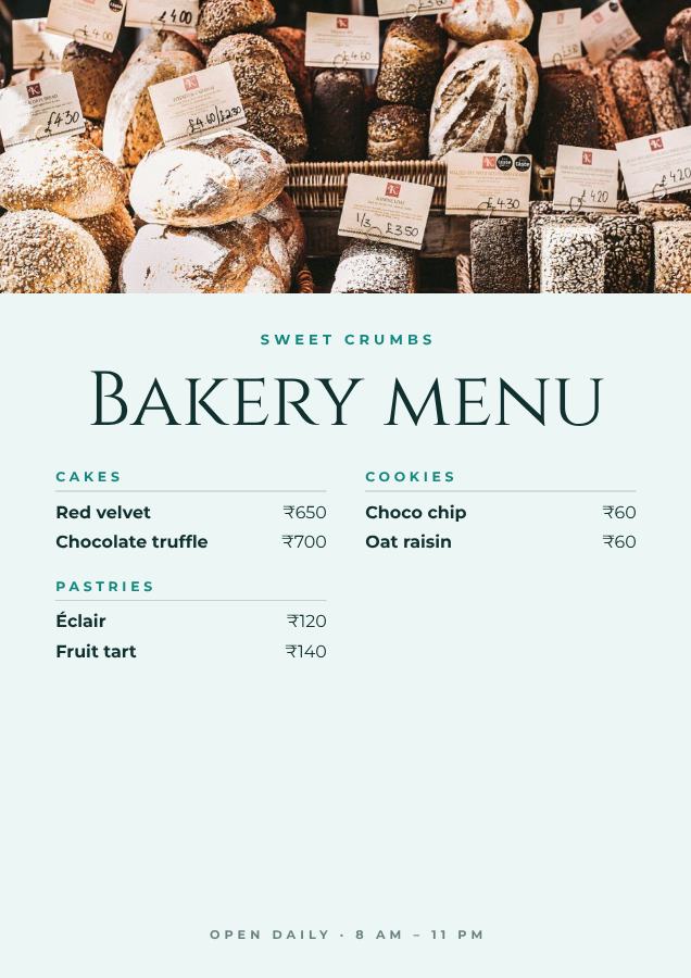 Teal Sweet Crumbs Bakery menu — editable menus template