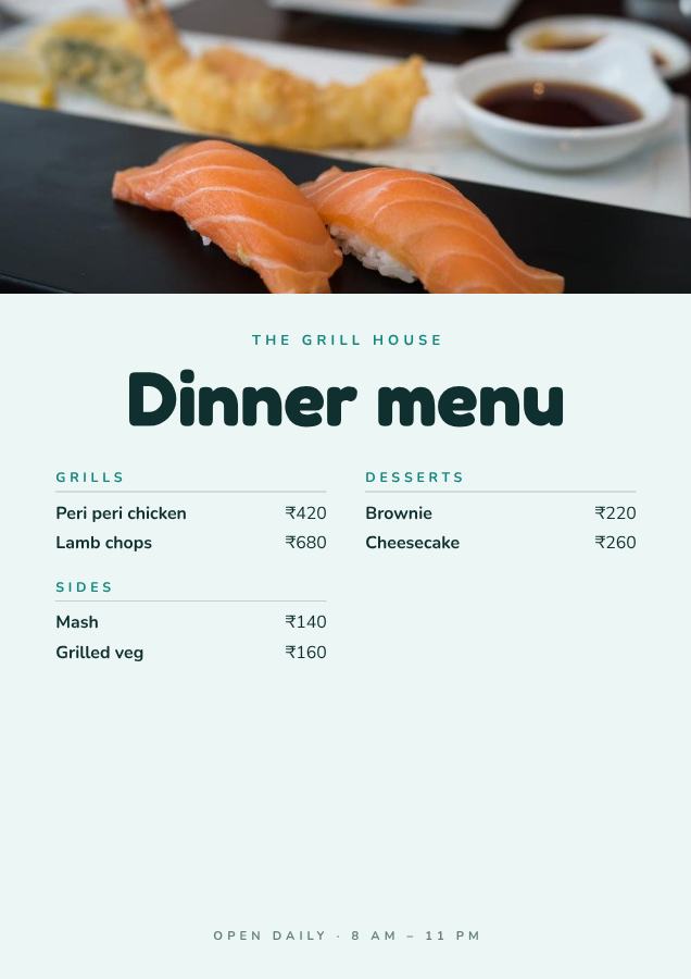 Teal The Grill House Dinner menu Card — editable menus template
