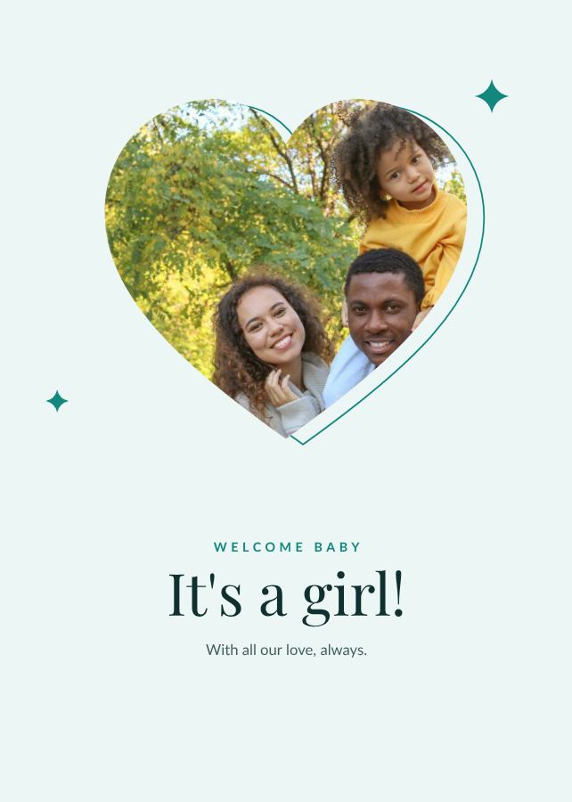 Teal Welcome baby It's a girl! Note — editable love & family template