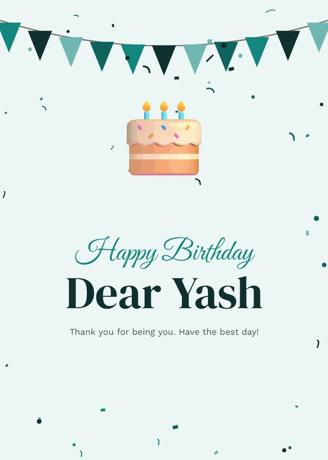 Teal Yash Birthday Wishes Card — editable birthday template