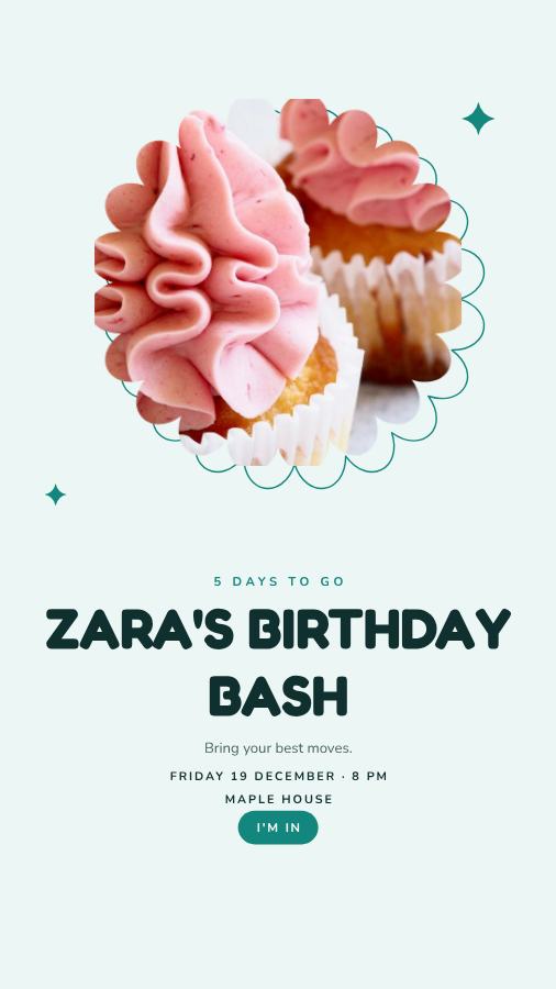 Teal Zara Birthday Bash Story — editable birthday template