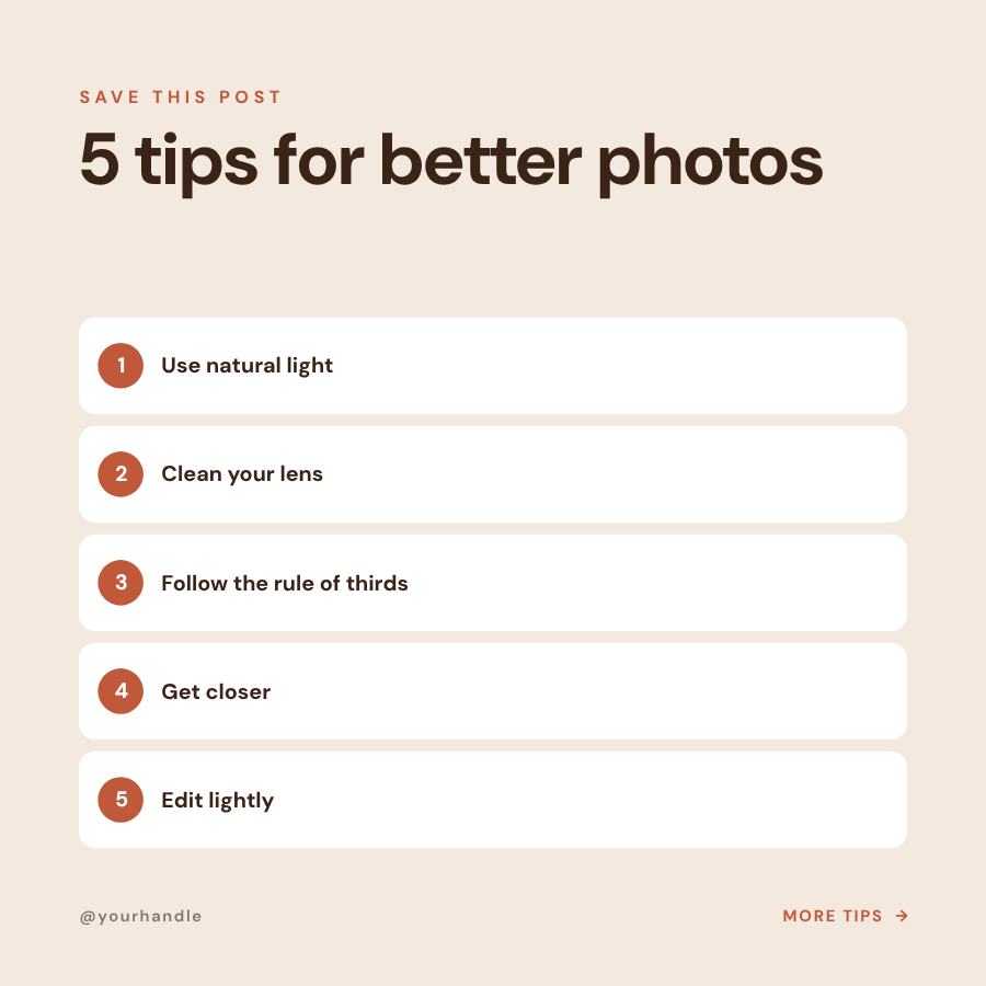 Terracotta 5 tips for better photos Tips Post — editable social media template