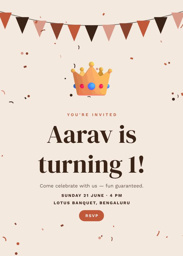 Terracotta Aarav's One Birthday Invitation — editable birthday template
