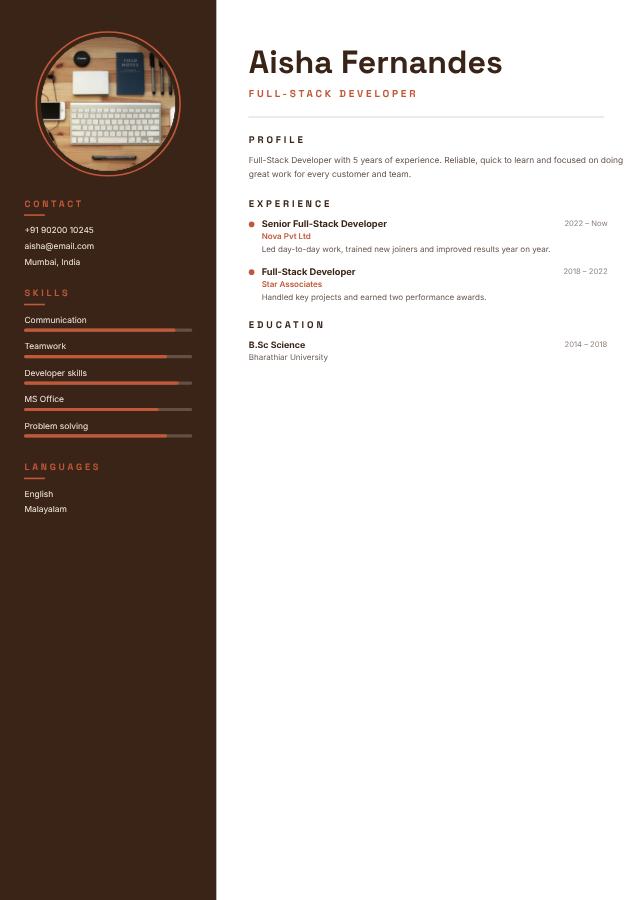 Terracotta Aisha Fernandes Full-Stack Developer Resume — editable resume template
