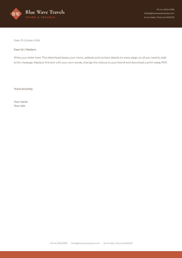 Terracotta Blue Wave Travels Bold Letterhead — editable business template