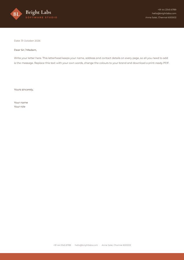 Terracotta Bright Labs Bold Letterhead — editable business template