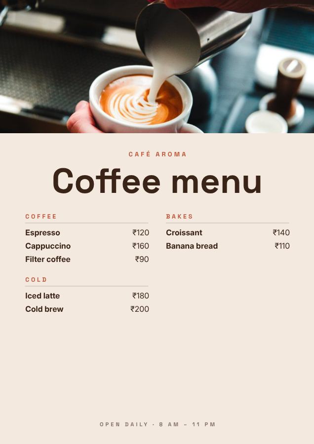 Terracotta Café Aroma Coffee menu Card — editable menus template
