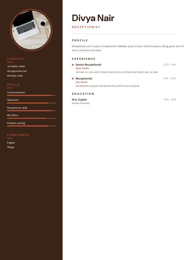 Terracotta Divya Nair Receptionist Resume — editable resume template