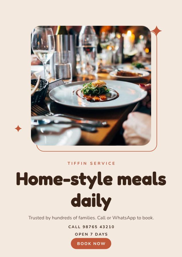 Terracotta Home-style meals daily Tiffin service Flyer A4 — editable business template